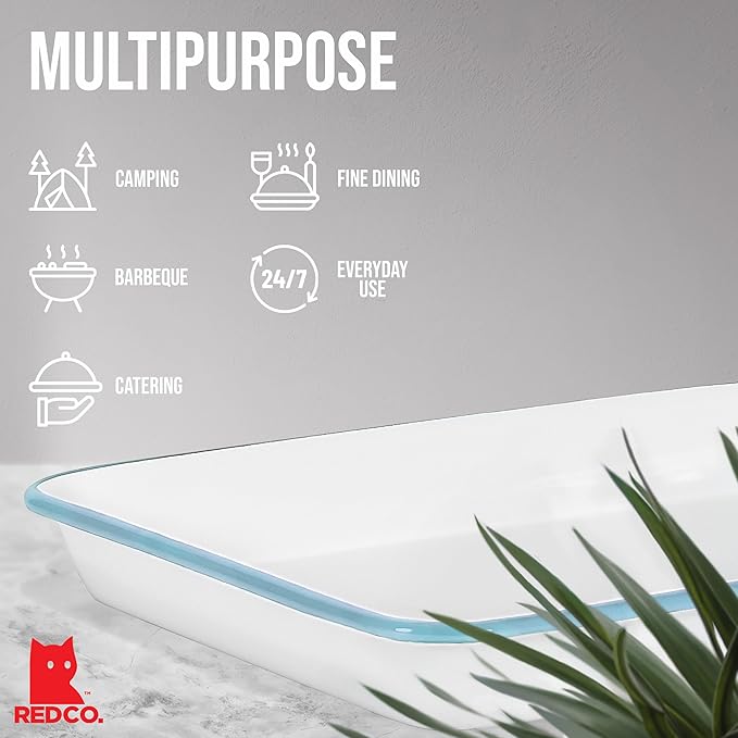 Red Co. 11" x 9" Enamelware Metal Classic 2 Quart Rectangular Serving Tray, Solid White/Teal Rim