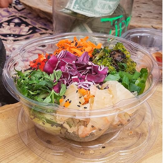 ECO PRODUCTS Compostable Clear PLA Plastic 32oz Salad Bowl With Lid, Pack of 50, Grab 'n' Go Round Cold Takeout Food Containers, Renewable Plant-Based, Disposable, ASTM Compliant, BPI-Certified