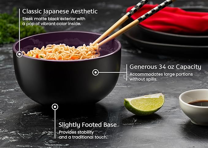 KooK Ramen Bowl, Japanese Bowls, Noodle Bowls, Large Soup Bowl, Ceramic, Large Capacity, For Ramen, Pho, Udon, Soba, Microwave and Dishwasher Safe, 34 oz, Set of 4 (Black/Plum)