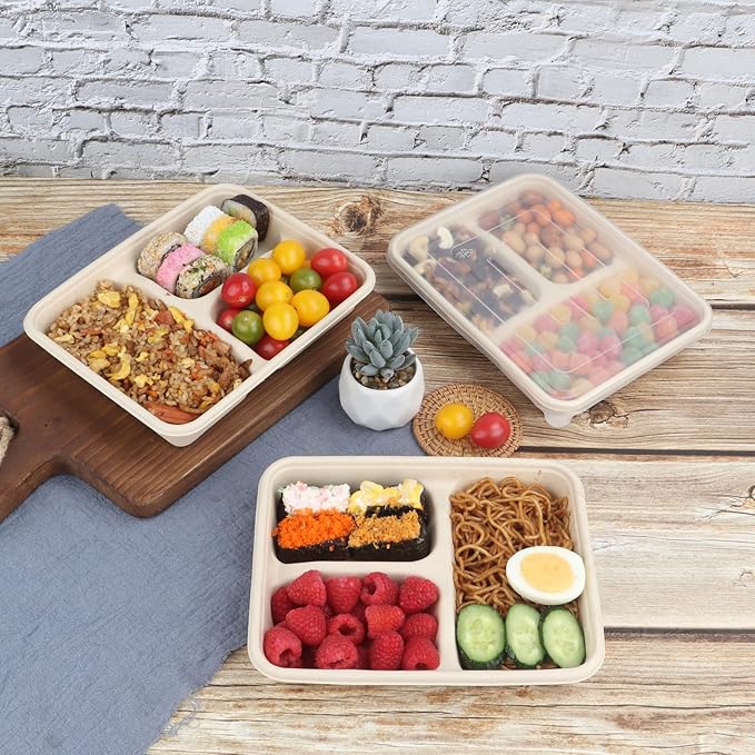 23 oz Sugarcane Fiber 3 Compartments disposable plates with Lids food container sets Plant Fibers Freezer Safe 50 Pack