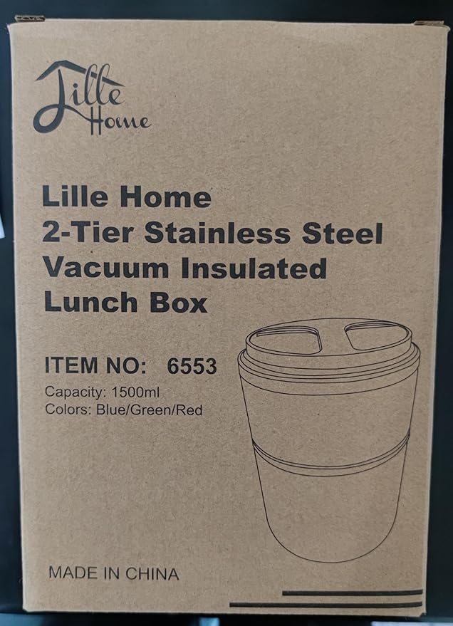 Lille Home 1500ml Thermos Food Flask, Vacuum Insulated Stackable Stainless Steel Thermal Lunch/Snack Box, 2-Tier Bento/Food Container with Lunch Bag (Red)