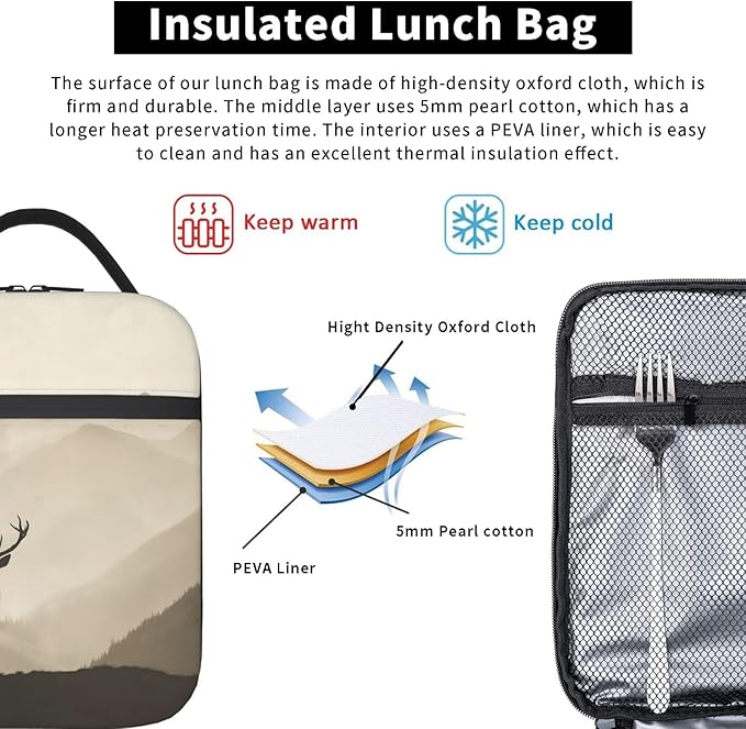 Insulated Lunch Box for Kids Boys Girls, Reusable Lunch Bag for School, Office, Work, Picnic, Travel, Mountain Deer Lunch Box