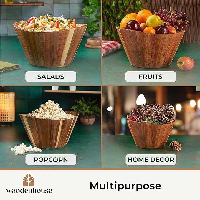 Wooden Salad Bowl Set, Salad Bowls Set of 3 - Wavy Design Salad Bowl Set for Serving, Handmade, Durable and Stylish Natural Wood Dining Accessory by Woodenhouse