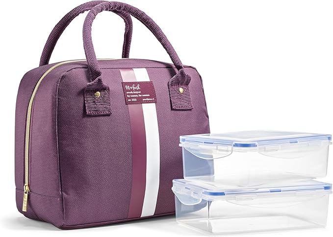Fit & Fresh Lunch Bag For Women, Insulated Womens Lunch Bag For Work, Leak Resistant & Stain-Resistant Large Lunch Box For Women With 2 Large Containers, Zipper Closure Bloomington Bag, Plum Stripe