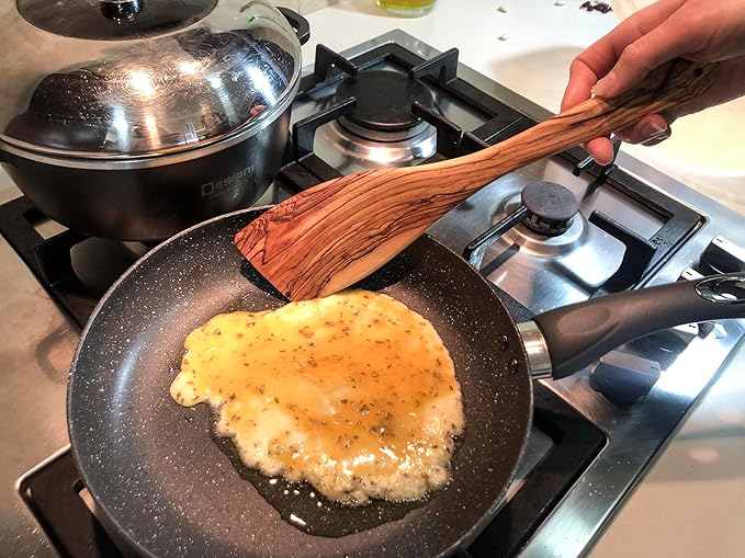 Olive Wood Spoon & Curved Spatula (12 Inch Set of 2 Pieces), Wooden Utensils, Turner/Spatula/Spoon for Every Day Cooking, From Bethlehem