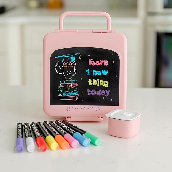 Chalkboard Kid Lunch Box for Girls & Boys - Leak-Proof Kids Lunchbox with Removable Compartment Tray, Lid Container & Utensils - BPA-Free Lunch Box Containers for Kids for School, Daycare - Pink