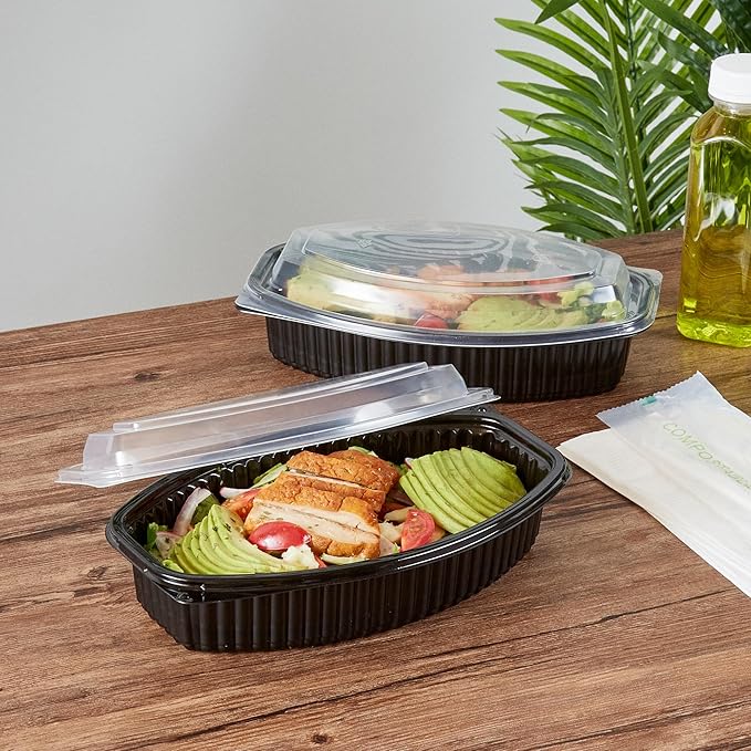 Restaurantware RW Base 28 Ounce Meal Prep Containers, 100 Microwavable To Go Containers With Lids - Disposable, Freezable, Black Plastic Oval Food Containers, Pack Hot And Cold Food, For Takeaway