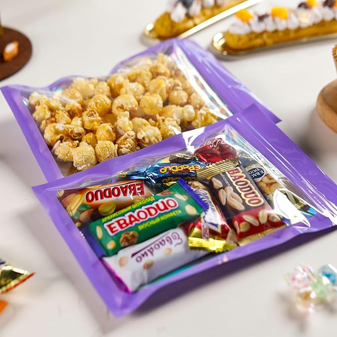 100 Pcs Holographic Bags Purple Resealable Bags with Clear Window Mylar Bags for Food Storage Packaging for Small Business(5.5×8Inch)