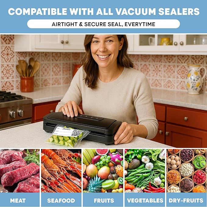 Vacuum Sealer Bags for Food Storage - Pack of 150 Smart QR Code Vacuum-Bags- 8" x 12", BPA-Free, 3.5-Mil Thick Vacuum-Storage Bags for Food Prep, Freezer Storage & Sous Vide Bag, Food-Storage Bag