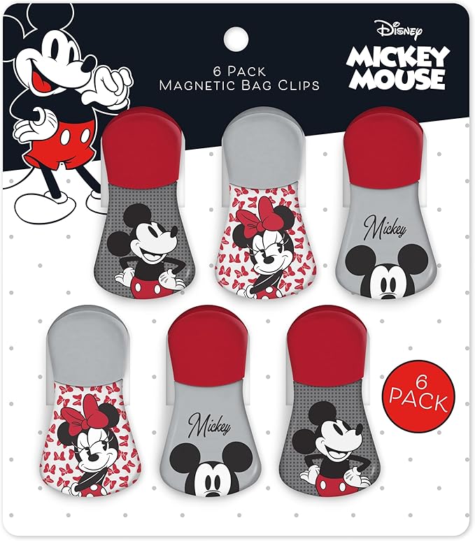 Disney Magnetic Chip Clips – Set of 6 Bag Clips for Food Storage - Mickey, Minnie, Lilo & Stitch, Winnie The Pooh – Durable Airtight Bag Chip Clips for Pantry & Fridge Use