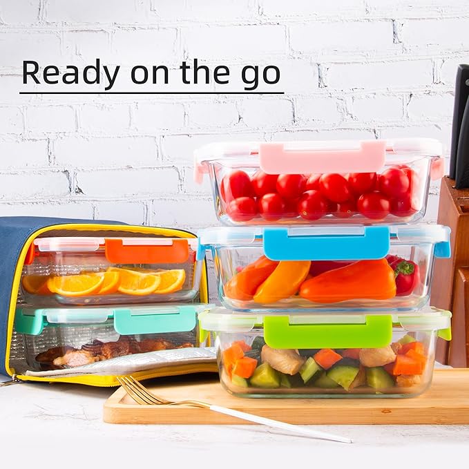 Glass Meal Prep Containers with Lids(5 Pack, 34oz), Glass Food Storage Containers for Lunch at Work, Leak-proof Food Containers, Microwave/Dishwasher Safe