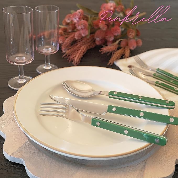6-Piece Stainless Steel Flatware Silverware Cutlery Set - Color Handle with Rivet/Retro Style - Includes Dinner Knife; Dinner Fork; Salad Fork; Soup Spoon; Teaspoon; Spreader (GREEN)