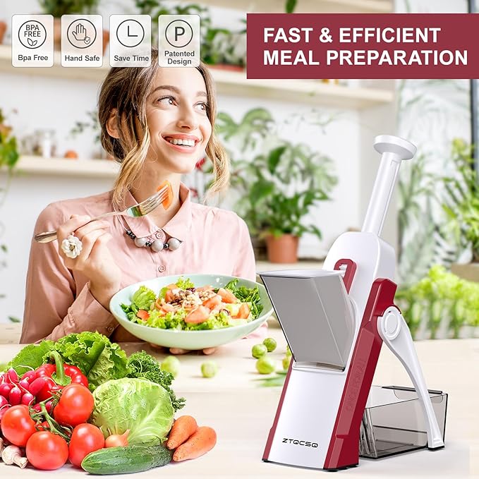 5 in 1 Safe Mandoline Slicer for Kitchen, Safe Vegetable Chopper with Paring Knife, Adjustable Thickness, Easy to Clean, Vegetable Slicer, Slicing, Strips, Shredding, Dicing, Chop (RoseRed)