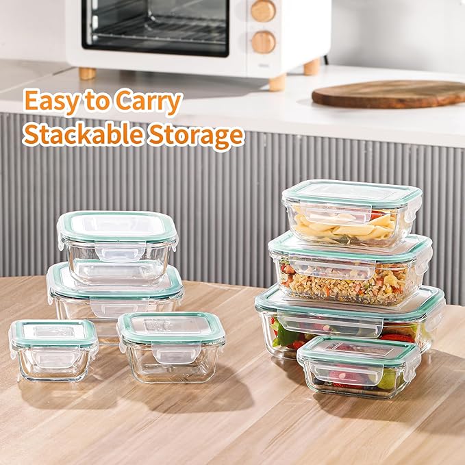 HOMBERKING 8 Pack Glass Food Storage Containers with Lids, Meal Prep Containers, Airtight Bento Boxes with Leak Proof Locking for Microwave, Oven, Freezer and Dishwasher, BPA Free, 5-35oz, light blue