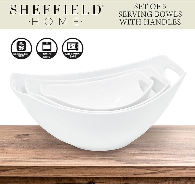 3 Piece Large Serving Bowls with Handle - 15, 28 & 39Oz Microwave and Dishwasher Safe Stoneware Fruit Bowl - Stylish Ceramic Bowls for Kitchen, Dinner Parties, Salad & Side Dishes (White)