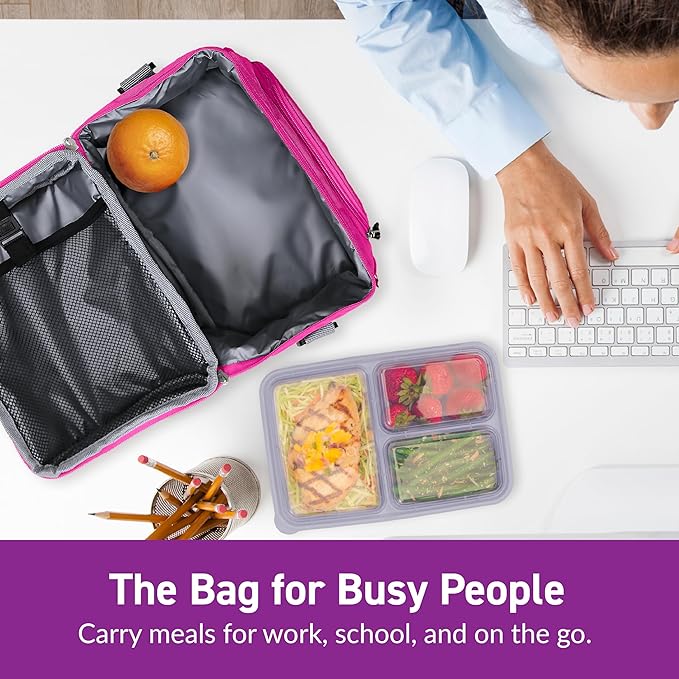 Bentgo Deluxe Lunch Bag - Durable and Insulated Lunch Tote with Zippered Outer Pocket, Internal Mesh Pocket, Padded & Adjustable Straps, & 2-Way Zippers - Fits Most Lunch Boxes (Purple)