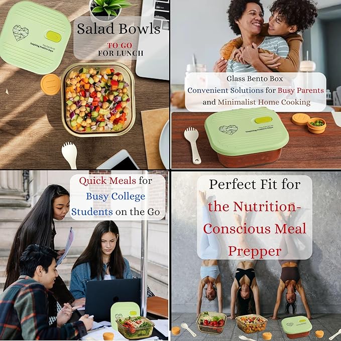 AI LOVE PEACE Microwave Safe Glass Lunch Container - 3.25 Cup Reusable Meal Prep & Freezer Storage Container with Vented Lid - BPA-Free - Ideal Bento Box for Adults, Portion Control Green