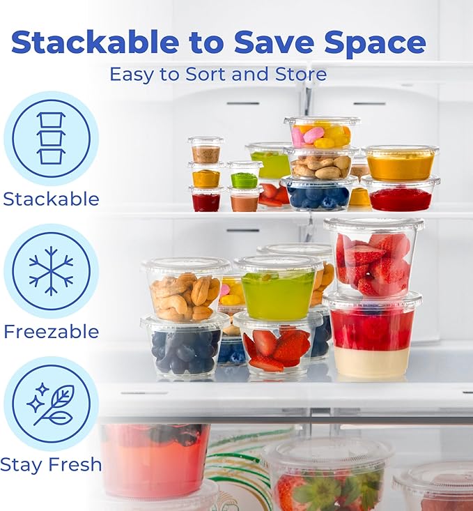 Fit Meal Prep 250 Pack 2 oz Jello Shot Cups with Lids, Disposable Souffle Portion Cups for Sauce