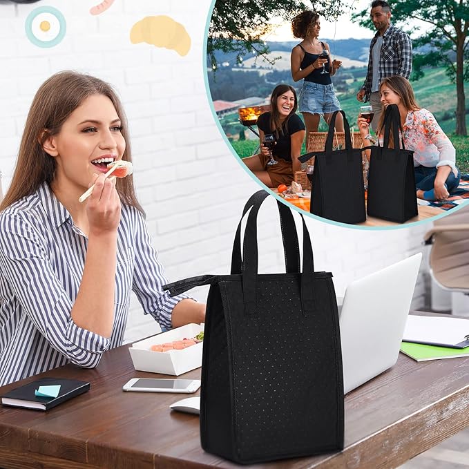 15 Pieces Insulated Lunch Bags Cooler Lunch Tote Bag Bulk with Zipper Thermal Leakproof Lunch Bags for Women Men Work Office School Travel Picnic(Black)