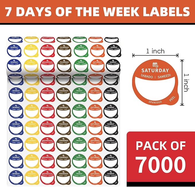 7000 PCS Day of The Week Stickers,Food Labels Stickers, Writable and Removable Day Label Peel Tab for Containers Bottles Food Bags, Home Kitchen Restaurant Supplies for Inventory Management (7000)