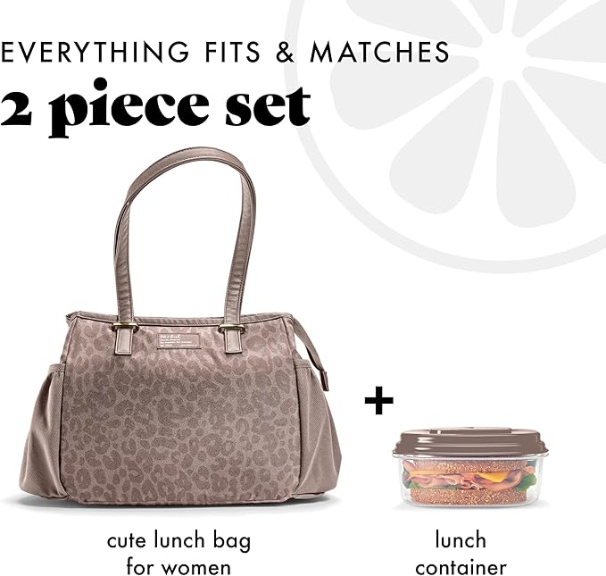 Fit & Fresh Lunch Bag For Women, Insulated Womens Lunch Bag For Work, Stain-Resistant, Lightweight, Large Lunch Box For Women With Lunch Container, Zipper, Copley Lunch Kit, Mocha Feline Fine