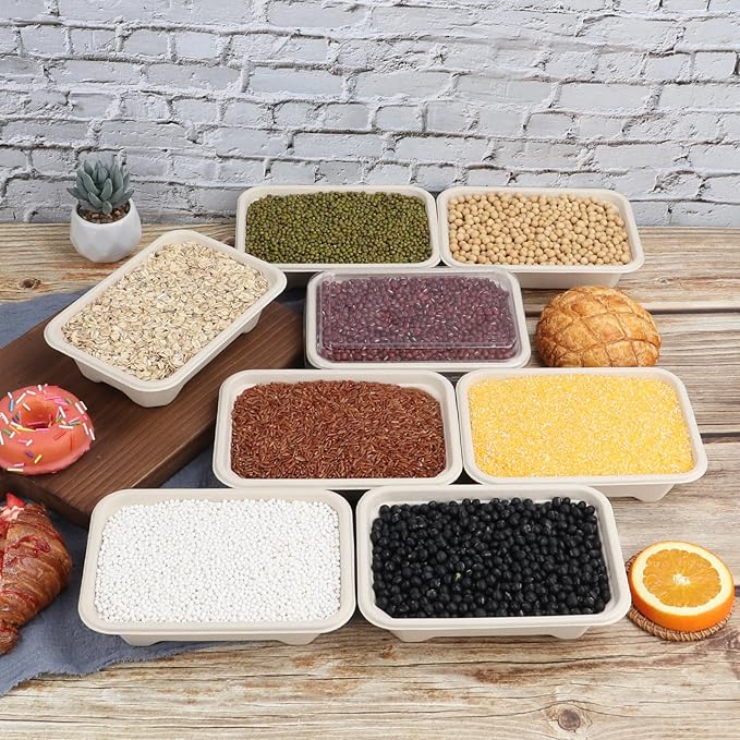 18 oz Rectangle Disposable bowls with clear lids,Sugarcane Fiber Bowls take away food containers Plant Fibers 50 PACK