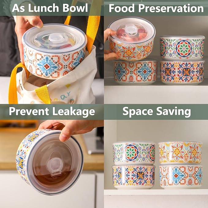 Ceramic Bowl with Lid: Microwave Safe Soup Containers Set of 4 for Meal Prep, Cereal, Salad, Picnic, Camping, Office Lunch, Kitchen Food Storage - 5 Inch, 20 oz, Design B