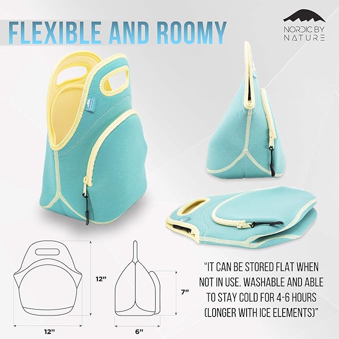 Nordic By Nature Neoprene Lunch Bag for Women & Lunch tote for Kids Insulated Lunch bag Reusable Washable Extra Thick Neoprene & Soft Cotton Feel, Premium Stitching, Outside Pocket, (M) Lagoon