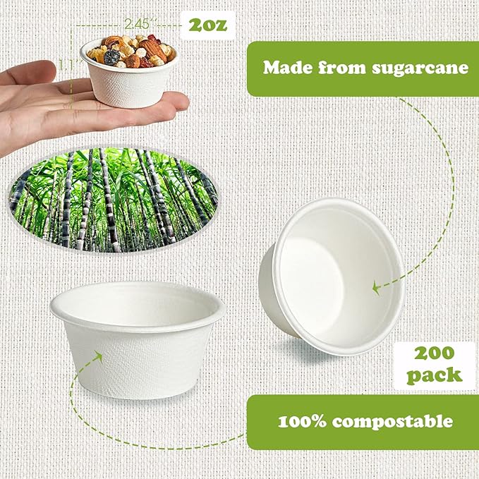 ECOLipak 200 Pack 2 oz Compostable Portion Cups, 100% Biodegradable Souffle Cups, Disposable Paper Cups for Condiment Samples