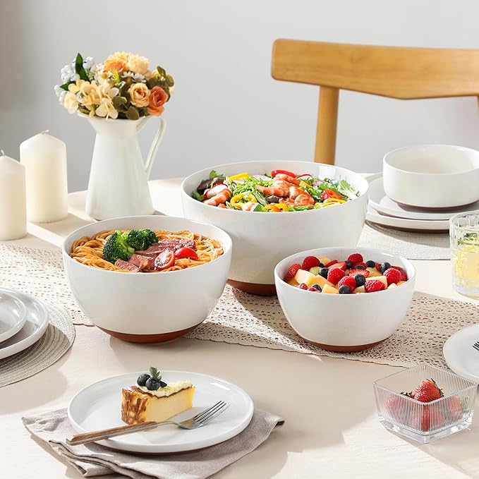 MALACASA Ceramic Large Mixing Bowls, Large Serving Bowls for Cooking, Prepping, Baking, Salad, Soup, Popcorn, Pasta, Nesting Bowls Set of 3, 4.38/2.5/1.44 Qt, Oven, Microwave and Dishwasher Safe