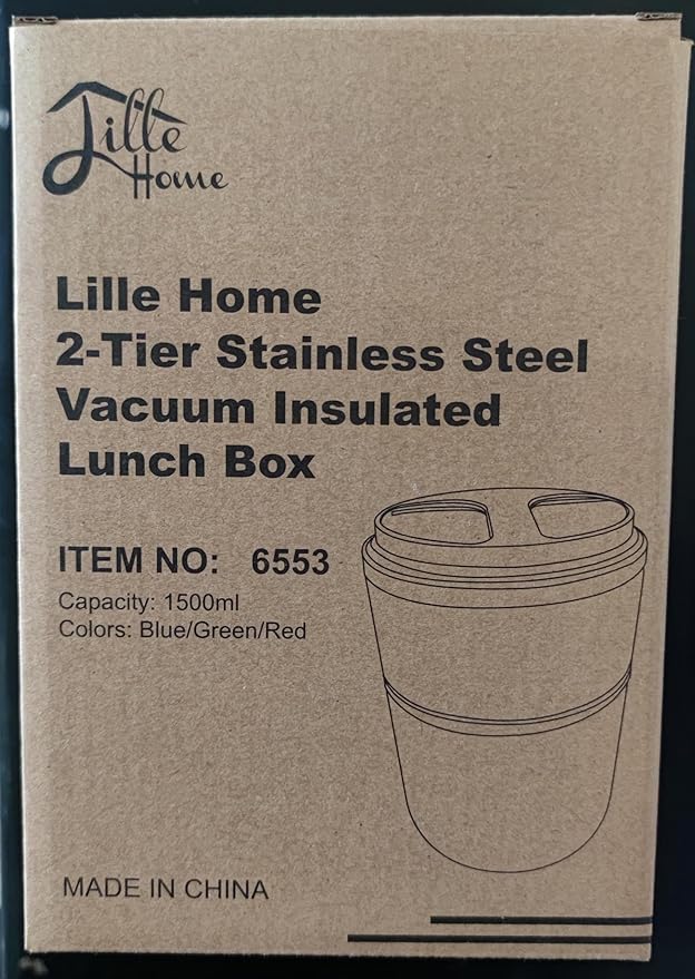 Lille Home 1500ml Thermos Food Flask, Vacuum Insulated Stackable Stainless Steel Thermal Lunch/Snack Box, 2-Tier Bento/Food Container with Lunch Bag