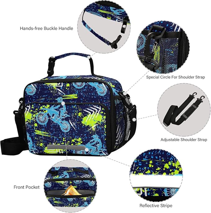Pfrewn Lunch Bag for Women Men Grunge Motocross Blue Insulated Lunch Box Tote Large Cooler Bag for Office Picnic