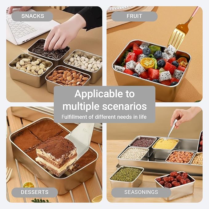10-Pcs Stainless Steel Leak-Proof Snack Boxs with Lids - Kitchen Seasoning Containers, Restaurant Prep food Bowls - Portable & Easy to Clean (500ML)