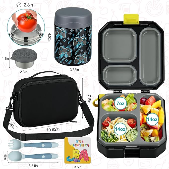 Bento Lunch Box for Kids with 12oz Soup Thermo Leak-Proof Lunch Food Container with 5 Compartment Thermo Hot Food Jar and Insulated Lunch Bag for Kid Toddler Girls Boys to School