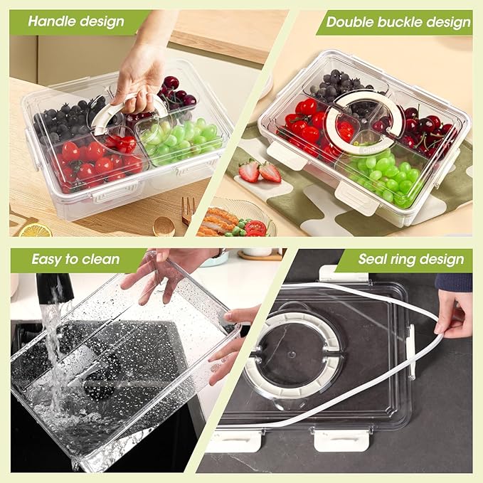 2PCS Divided Serving Tray with Lid & Handle, 4 Compartment Removable Snack Box, Kitchen Organizers and Storage, Snackle Box Container, BPA-Free Fruit Storage Container for Berry, Snack, Candy, Nuts…