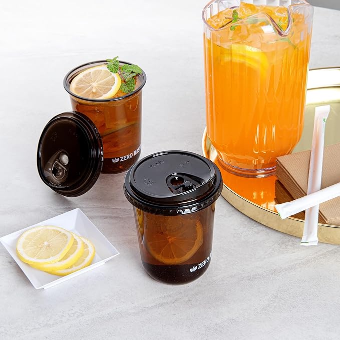 LIDS ONLY: Zero Waste 3.5 x 3.5 Inch Plastic Lid, 100 Disposable Sippy - Cups Sold Separately, Commercially Compostable, Black PLA, Fits 12, 16, and 24 Ounce Cups - Restaurantware