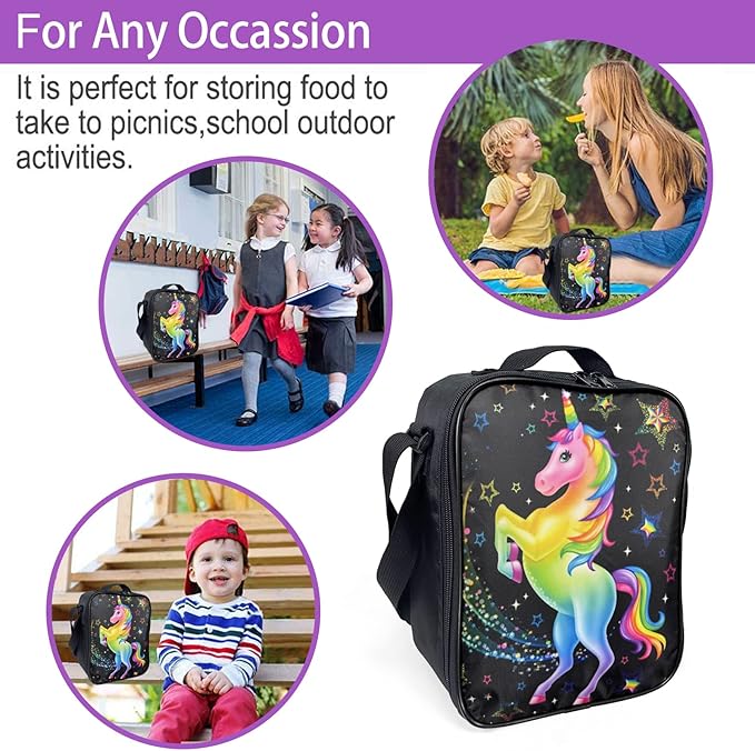 Kids Lunch Box, Insulated Lunch Bag for Girls, Cute Unicorn Lunch Bag with Shoulder Strap, School Bento Lunch Box for Kids Toddlers Teens, Aesthetic Black Reusable Cooler Thermal Meal Tote Kit