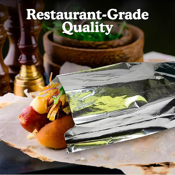 Regency Wraps Grease Resistant Serving Snack Bags, Foil-Lined Bags to Retain Heat, Perfect for Hot Dogs, Burritos, and More, 8.25” x 3.5” x 1.4" (Pack of 25)