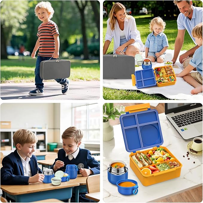 Bento Lunch Box for Kids with 12oz Soup Thermo, Leak-Proof Lunch Containers with 5 Compartments, Insulated Lunch Bag, Thermo Hot Food Jar with Spoon for Kids to School, Travel, Blue