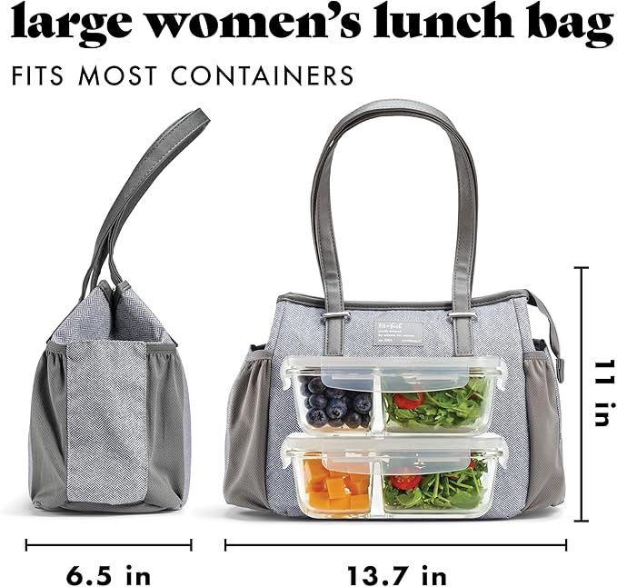Fit & Fresh Women's Insulated Lunch Bag for Work, Large Lunch Box With 3 Snap-Lid Containers, Zipper, Stain-Resistant, Copley Kit, Gray