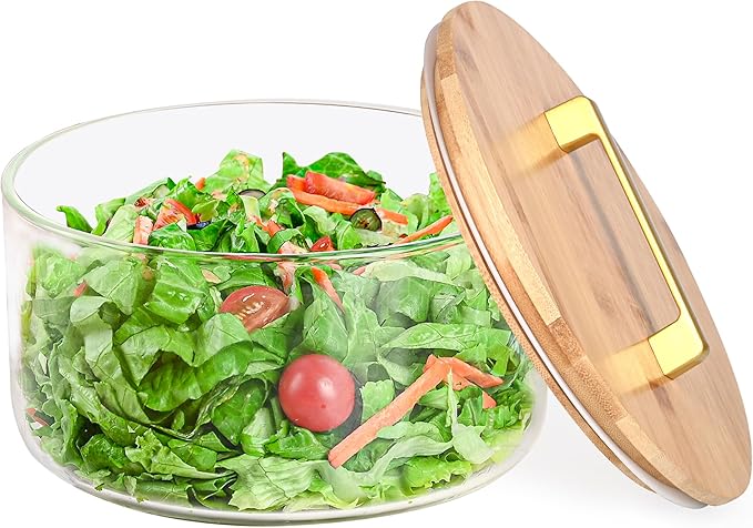 Large Glass Salad Bowl with Lid 195oz, Large Mixing Bowl with Lid for Salad, Fruit, Dessert, 9.8" Clear Trifle Bowl Glass for Family, Keep Food Fresh, Microwave and Dishwasher Safe