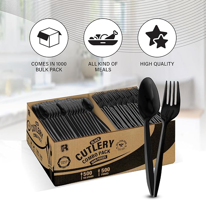 1000 Pcs Black Plastic Utensils Set - 500 Forks And 500 Teaspoons, Plastic Forks And Spoons Set - Bulk Black Cutlery Set