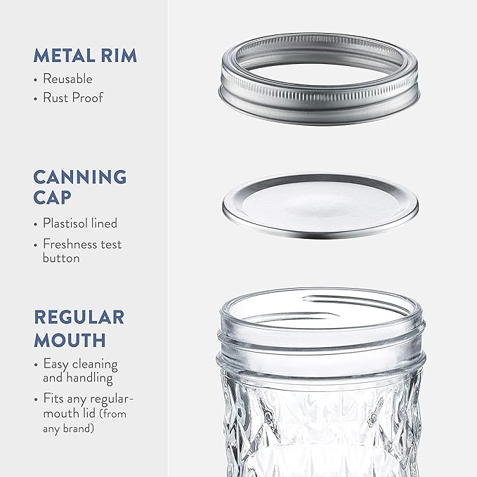 Paksh Novelty Mason Jars - 12-Pack Quilted Glass Jars with Lid & Seal Bands - Airtight Container for Pickling, Canning, Candles