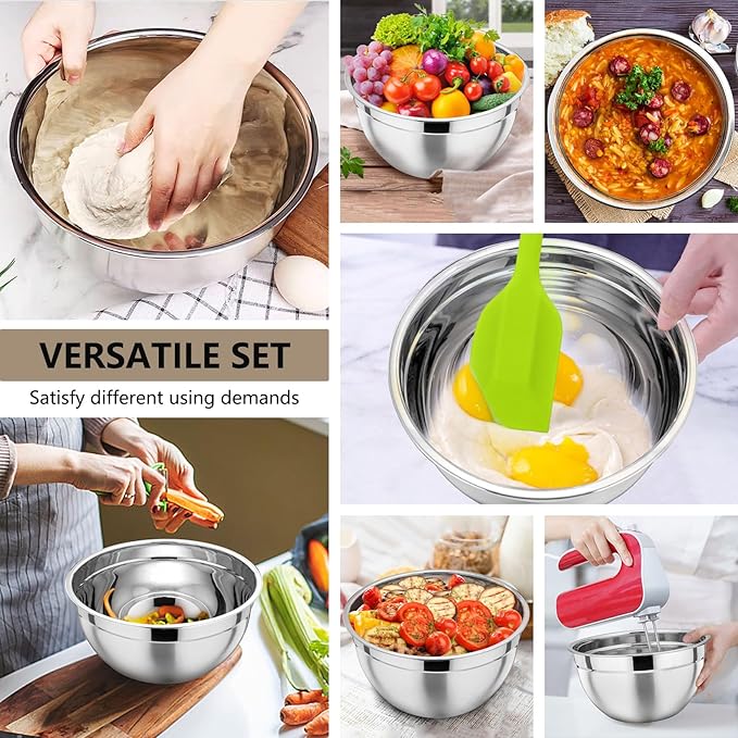 P&P CHEF Mixing Bowl with Lid Set, Stainless Steel Nesting Salad Bowls for Cooking Serving Prepping, Clear Lids & Stackable Design, Size 4.6, 3.5, 3, 2, 1.5, 1, 0.7 Qt - Multicolor, Set of 7