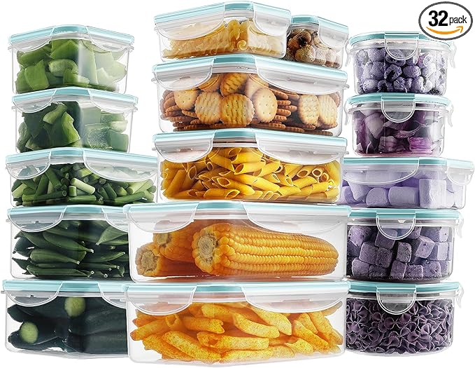 HOMBERKING 32 Pieces Food Storage Containers Set with Snap Lids (16 Lids + 16 Containers), Meal Prep Airtight Plastic Containers, BPA-Free Lunch Containers for Kitchen, Pantry, Home, Light Blue