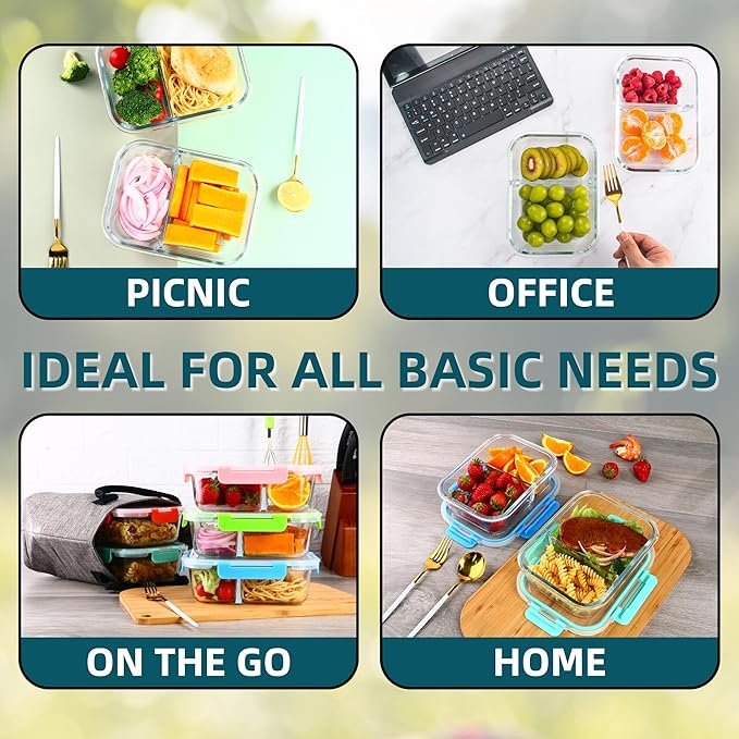 Glass Meal Prep Containers 2 Compartment with Lids (5 Pack, 36oz), Divided Glass Storage Containers for Lunch at Work, Leak-Proof Portion Control Food Containers, Microwave / Dishwasher Safe