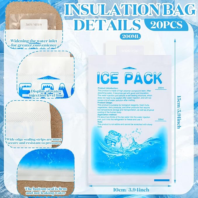 20 Pcs Thermal Bags Bulk with Zipper Handle and 20 Pcs Ice Packs 13.78 x 9.84'' Waterproof Cool Summer Reusable Insulation Bags Thermal Box Liners for Sandwich Drink Picnic Camping
