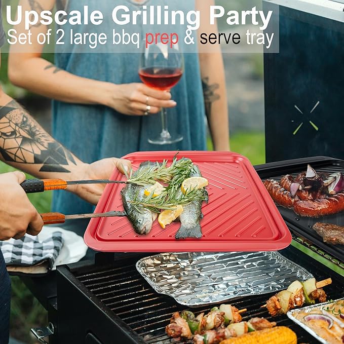 Large Grilling Prep and Serve Trays, 17.3" x 13" BBQ Platters for Raw and Cooked Food, Melamine Serving Trays for Food, Set of 2, Black and Red, Cleaning Pack Included