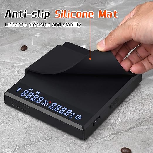 0.1g High Precision Digital Coffee Scale, 0.3g to 2kg Measuring Range Rechargeable Espresso Scale with Tare Function, LED Display (Black, ABS)