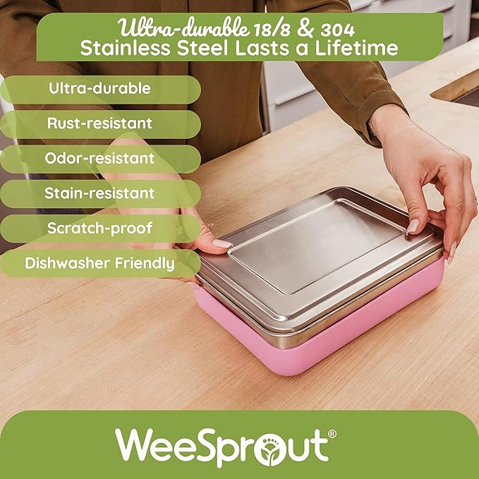 WeeSprout 18/8 Stainless Steel Bento Box (Compact Lunch Box) - 3 Compartment Metal Lunch Containers, for Kids & Adults, Bonus Dip Container, Fits in Lunch Bag & Backpack